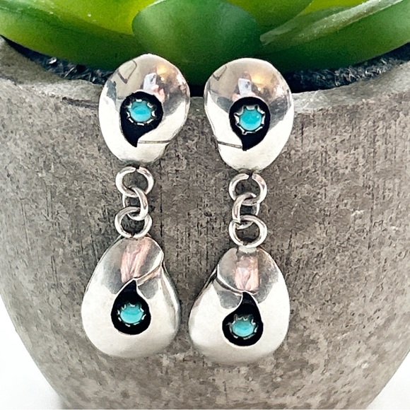 Vintage Southwestern Turquoise Double Shadow Box Sterling Silver Drop Earrings